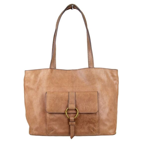 LARGE Frye TAN BROWN GENUINE LEATHER LOGO SHOULDER BAG HOBO TOTE HANDBAG PURSE - Picture 1 of 14